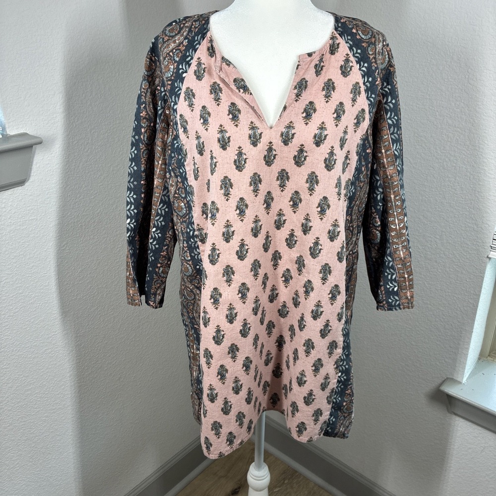 Pure J Jill Linen Blend Paisley Tunic Top XL Lagenlook Boho Cottage Peasant